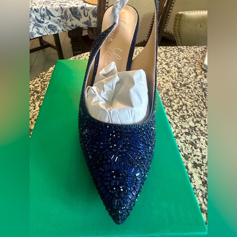 Lauren Lorraine Rachel Embellished Slingback Heels – Navy Beaded Size 9 - NW BOX